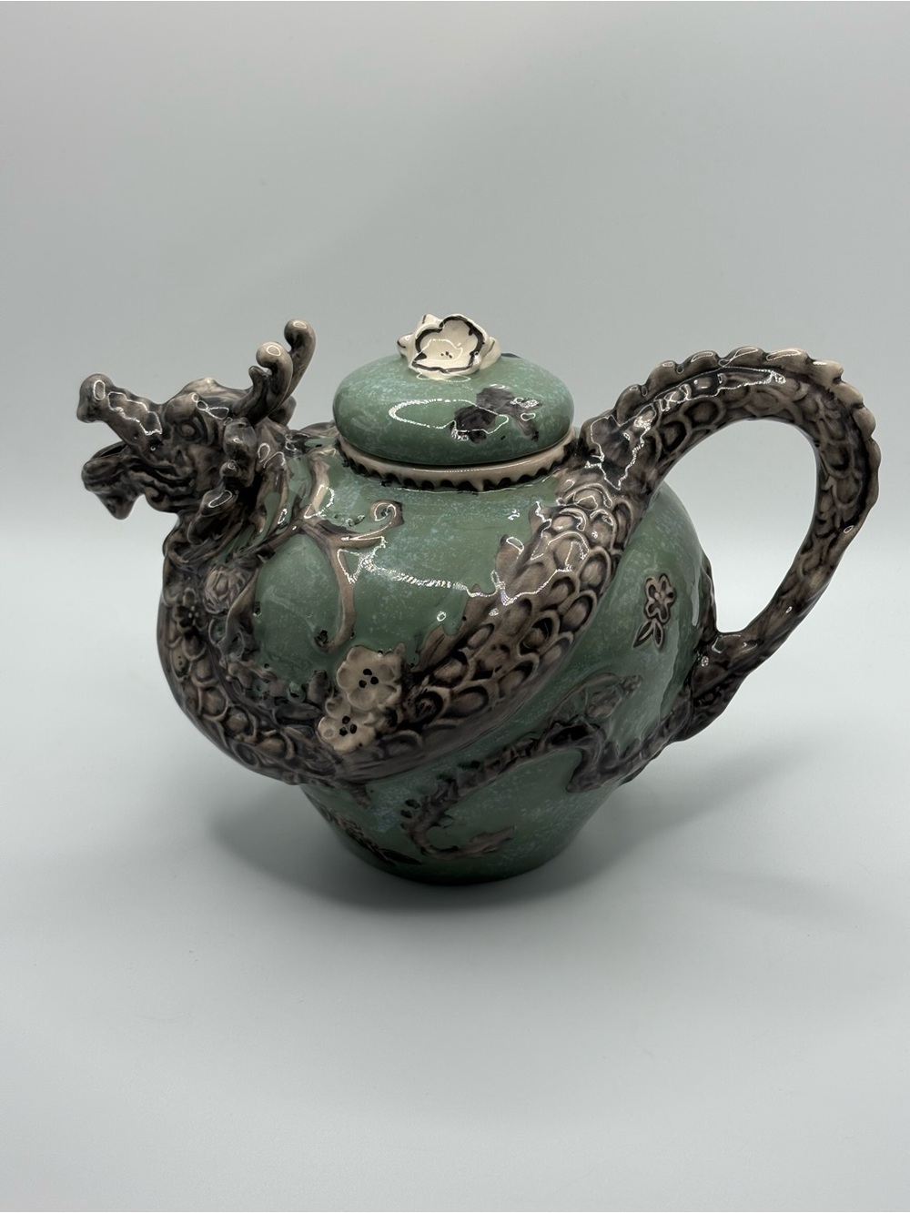 2012 New Blue Sky Ceramic Dragon Teapot, Heather Goldminc Green Grey 7”X9”X5”
